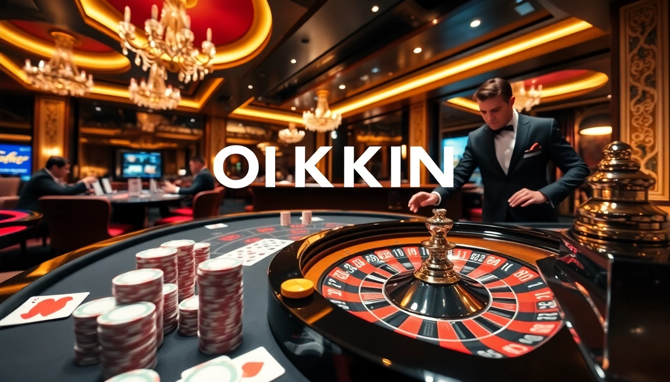 Engaging in high-stakes poker action at OKKING casino with vibrant ambiance and roulette excitement.