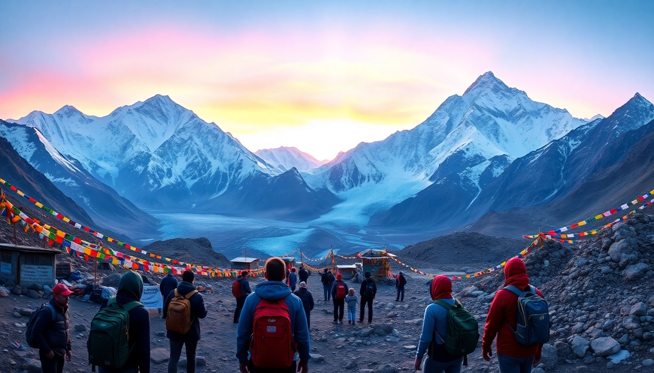 Stunning view of Everest Base Camp with trekkers amidst snow-capped peaks and colorful prayer flags.