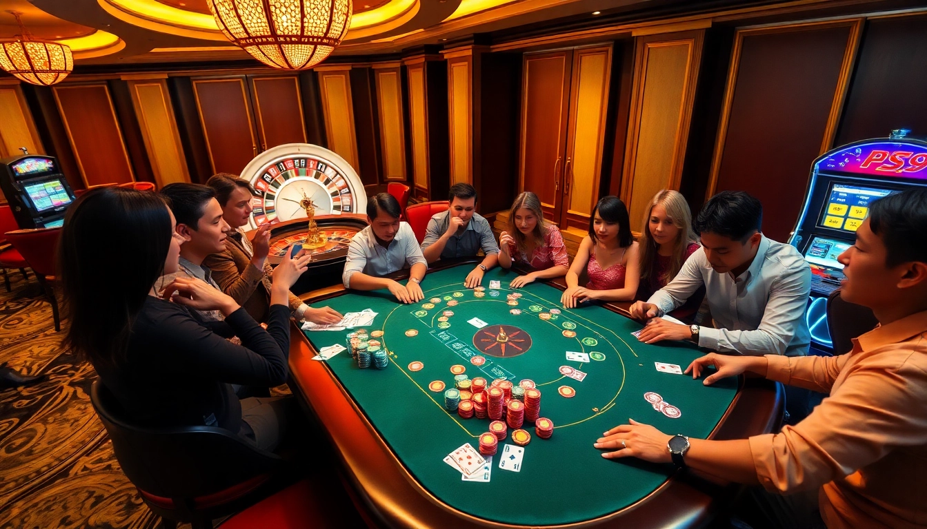 Players excitedly gambling at a luxurious PS99 casino table surrounded by vibrant poker chips.