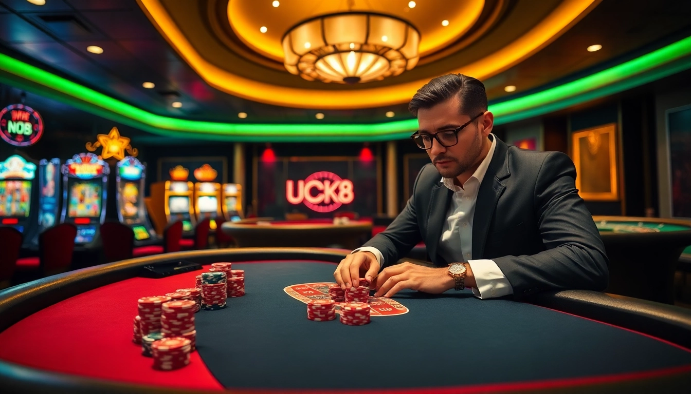 LUCK8-themed casino scene with poker, slots, and roulette elements exemplifying excitement.