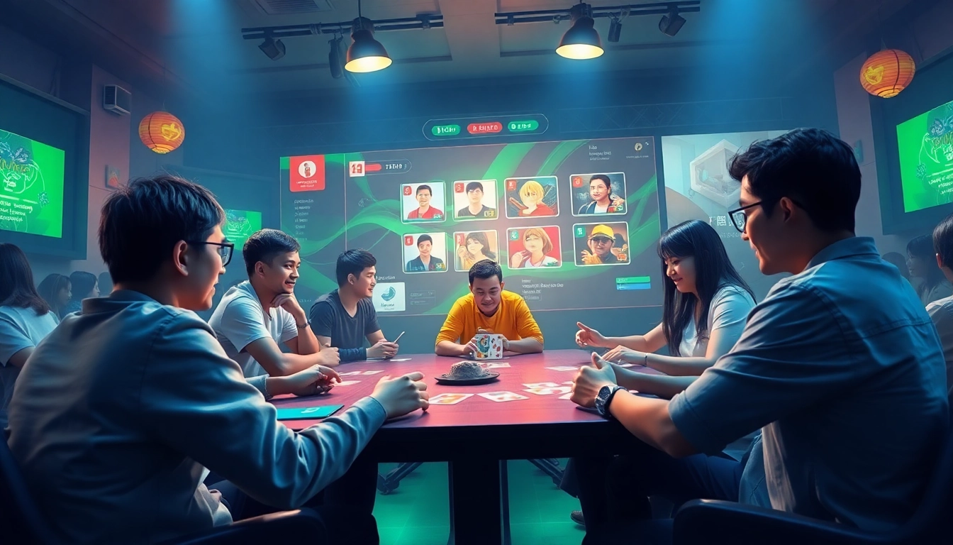 Dynamic online gaming scene featuring topgamebaidoithuong.mx card games, showcasing vibrant player interactions and rewards.