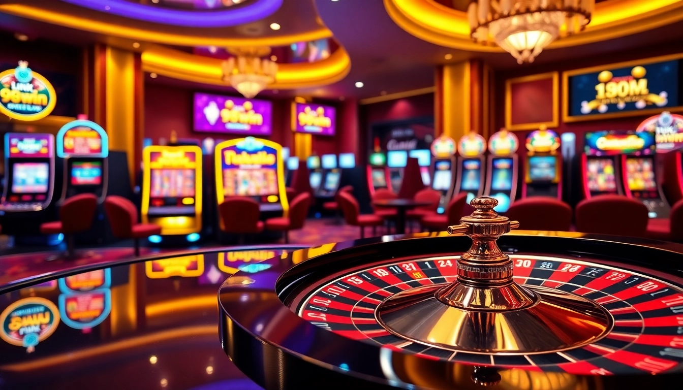 Engaging casino table showcasing link 98win promotions and vibrant roulette wheel.