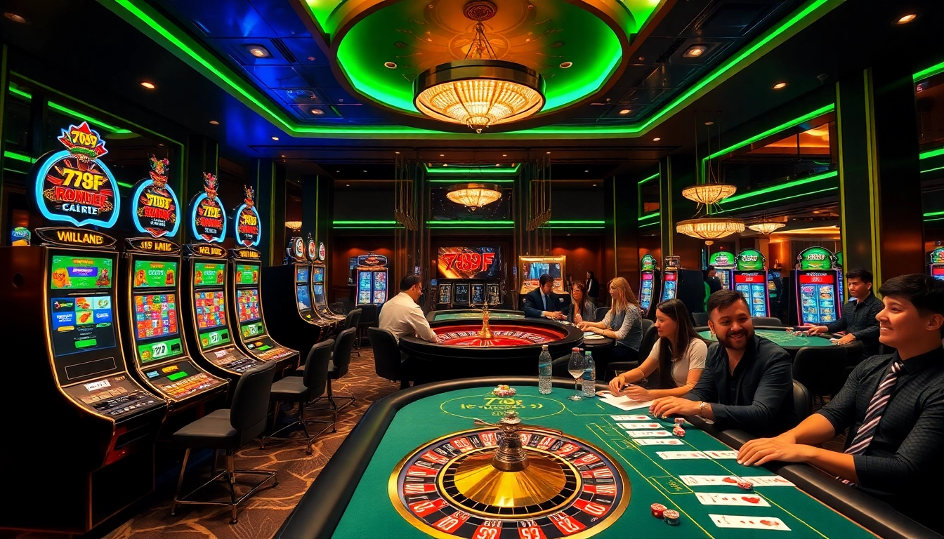 Players enjoying intense gaming with 789F slot machines and roulette tables in a vibrant casino setting.