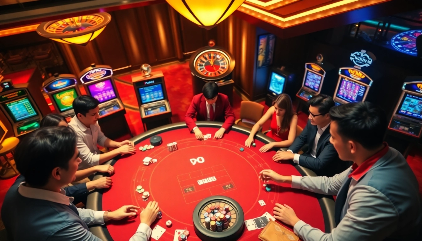 Players engaging at a PG88 casino table with lively atmosphere and vibrant slot machines in background.