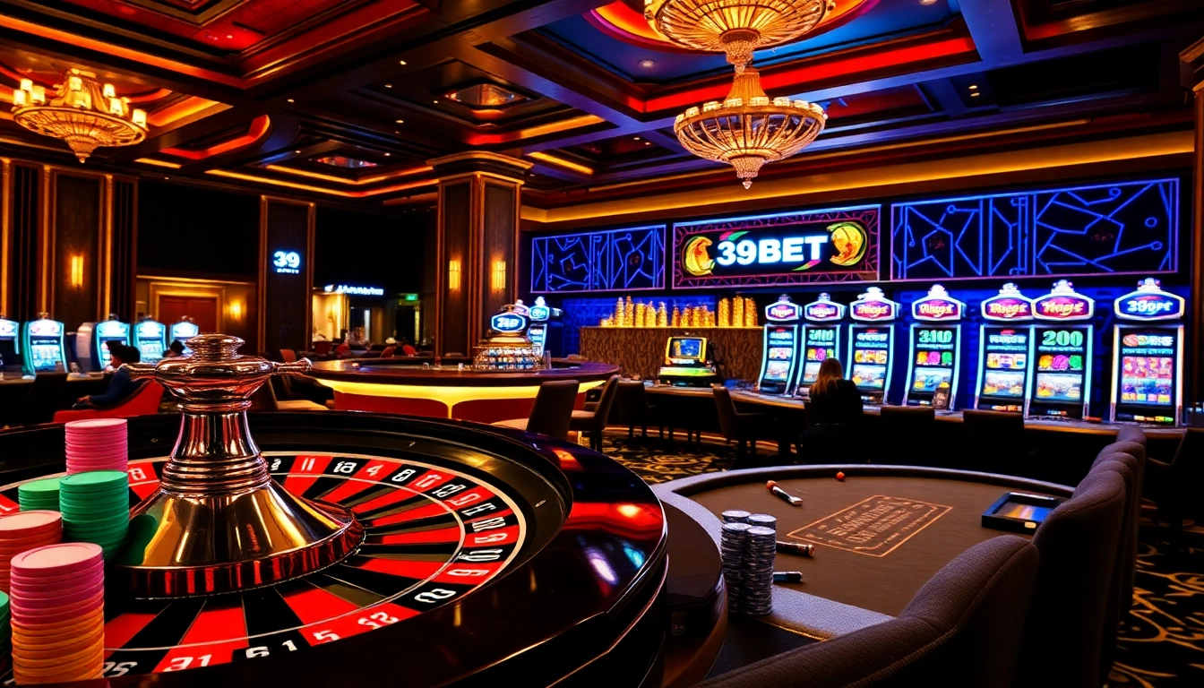 Engage with the thrilling atmosphere of 39BET casino featuring vibrant roulette and poker action