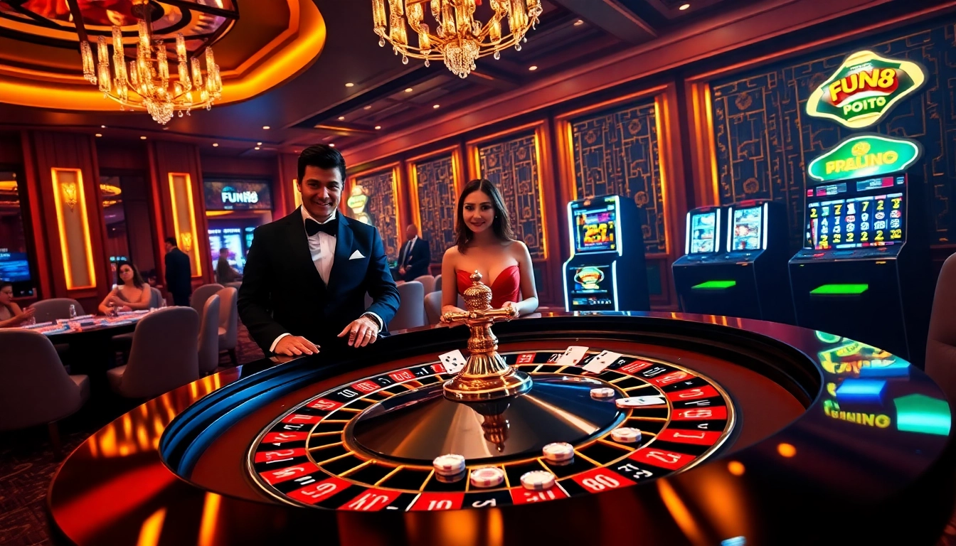 Players engaging in a thrilling Fun88 casino experience with roulette and slot machines.
