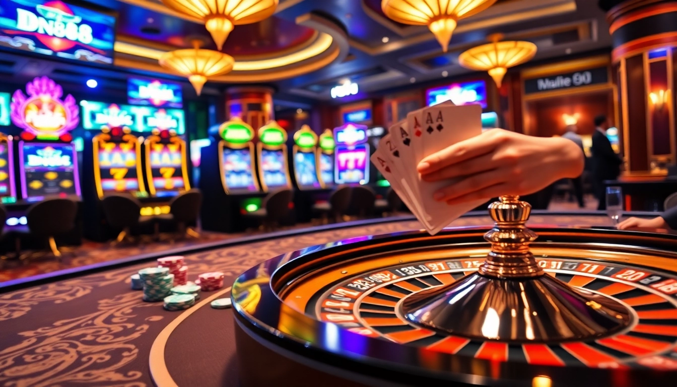 Engage in thrilling gameplay at DN88's luxurious casino with vibrant tables and exciting slot machines.