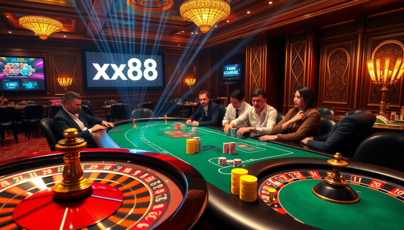 High-stakes poker scene showcasing intense gameplay at the xx88 casino, featuring vibrant decor and winning chips.