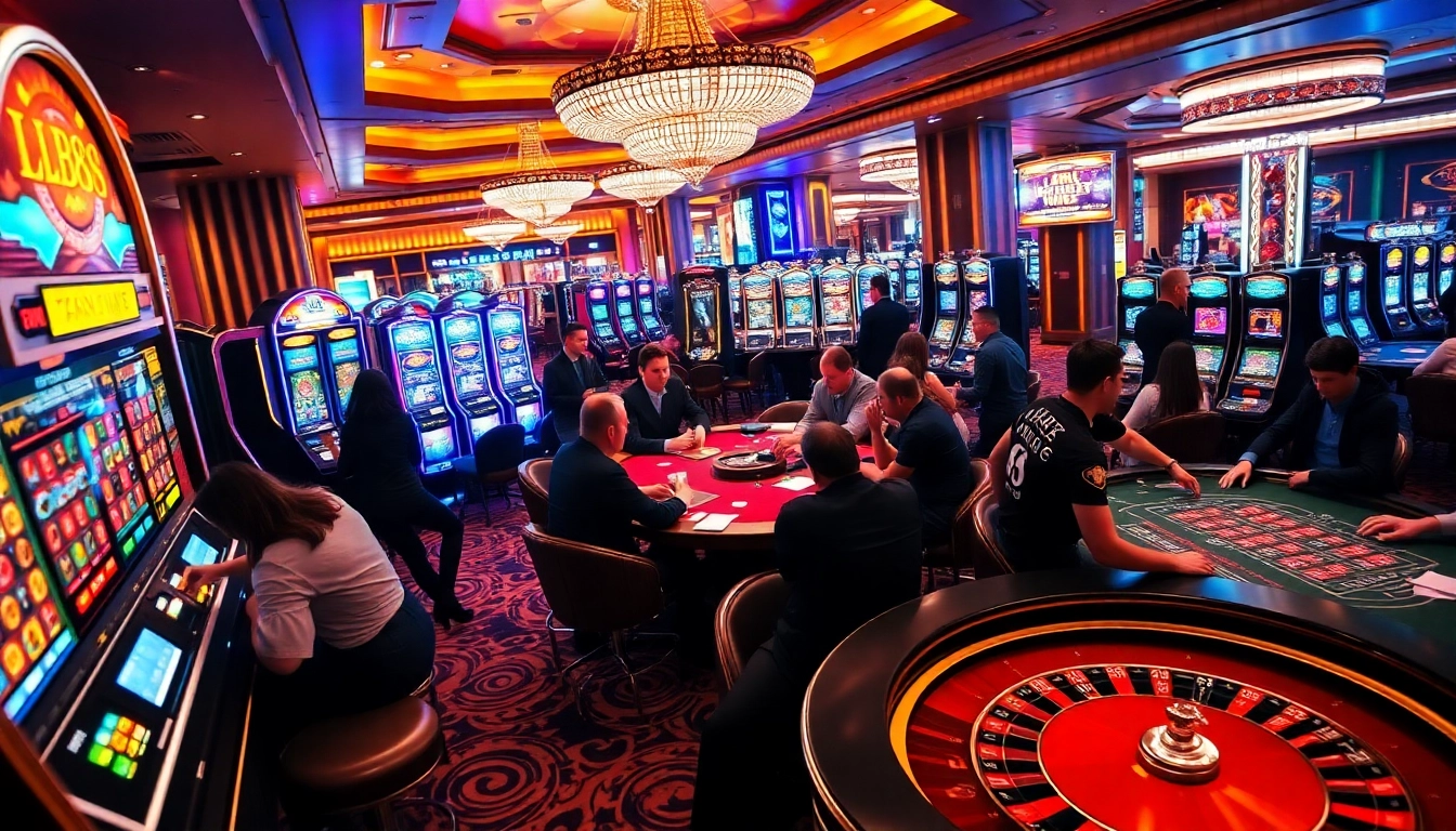 Players enjoying thrilling games at https://lc88pro.com/ with vibrant poker chips and slot machines.