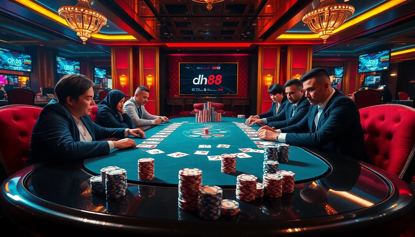 Players enjoying a high-stakes poker game at a luxurious casino with dh88-themed elements.