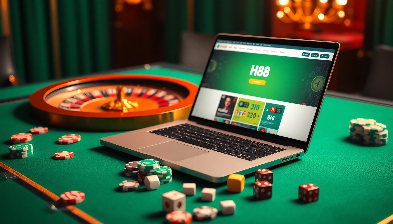 Hi88 online casino scene showcasing thrilling gaming elements like poker chips and roulette.