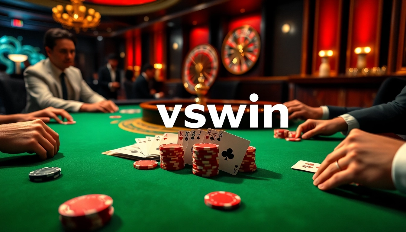 Experience high-stakes poker action at VSWIN, showcasing vibrant chips and elegant players.