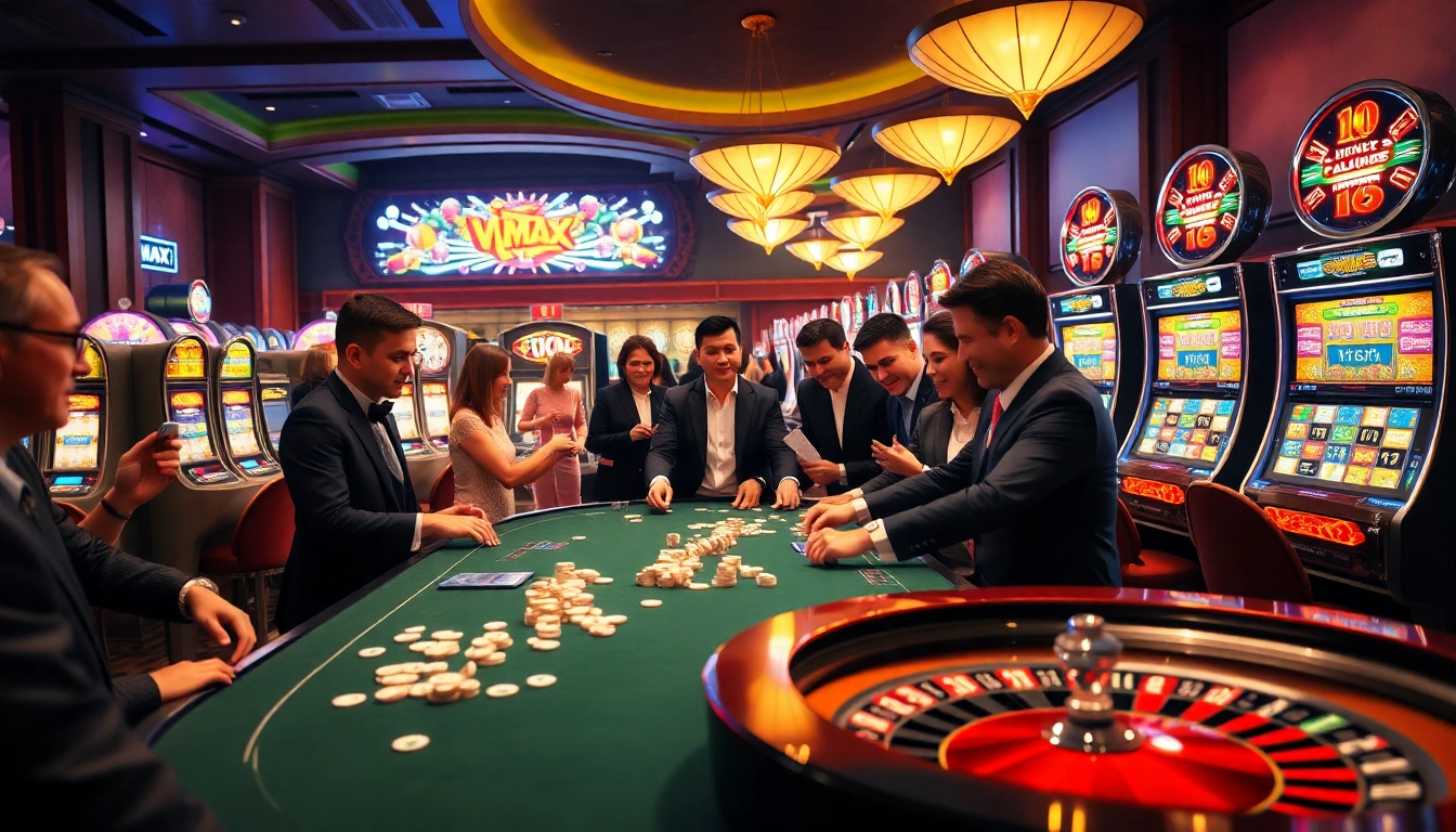 VMAX casino scene featuring lively gaming tables, poker chips, and a spinning roulette wheel.