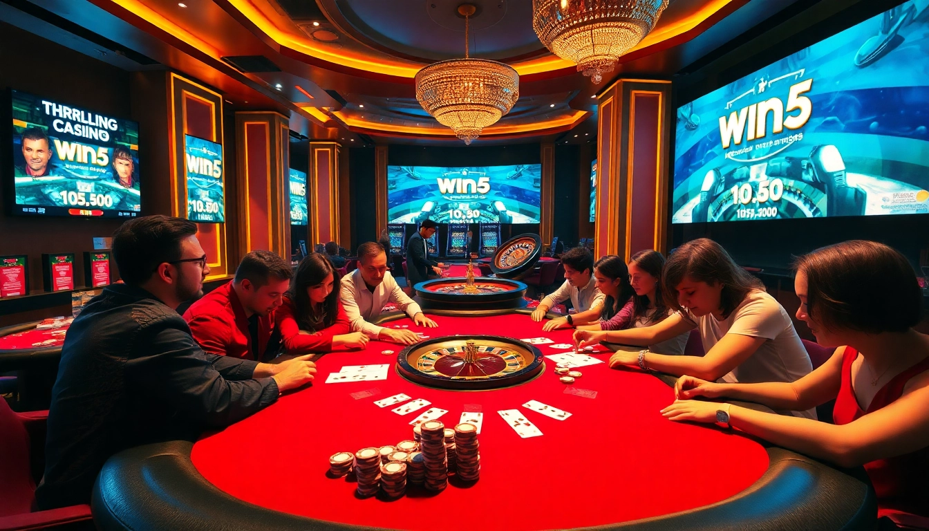 Players enjoy high-stakes poker at a luxurious win55-themed casino.