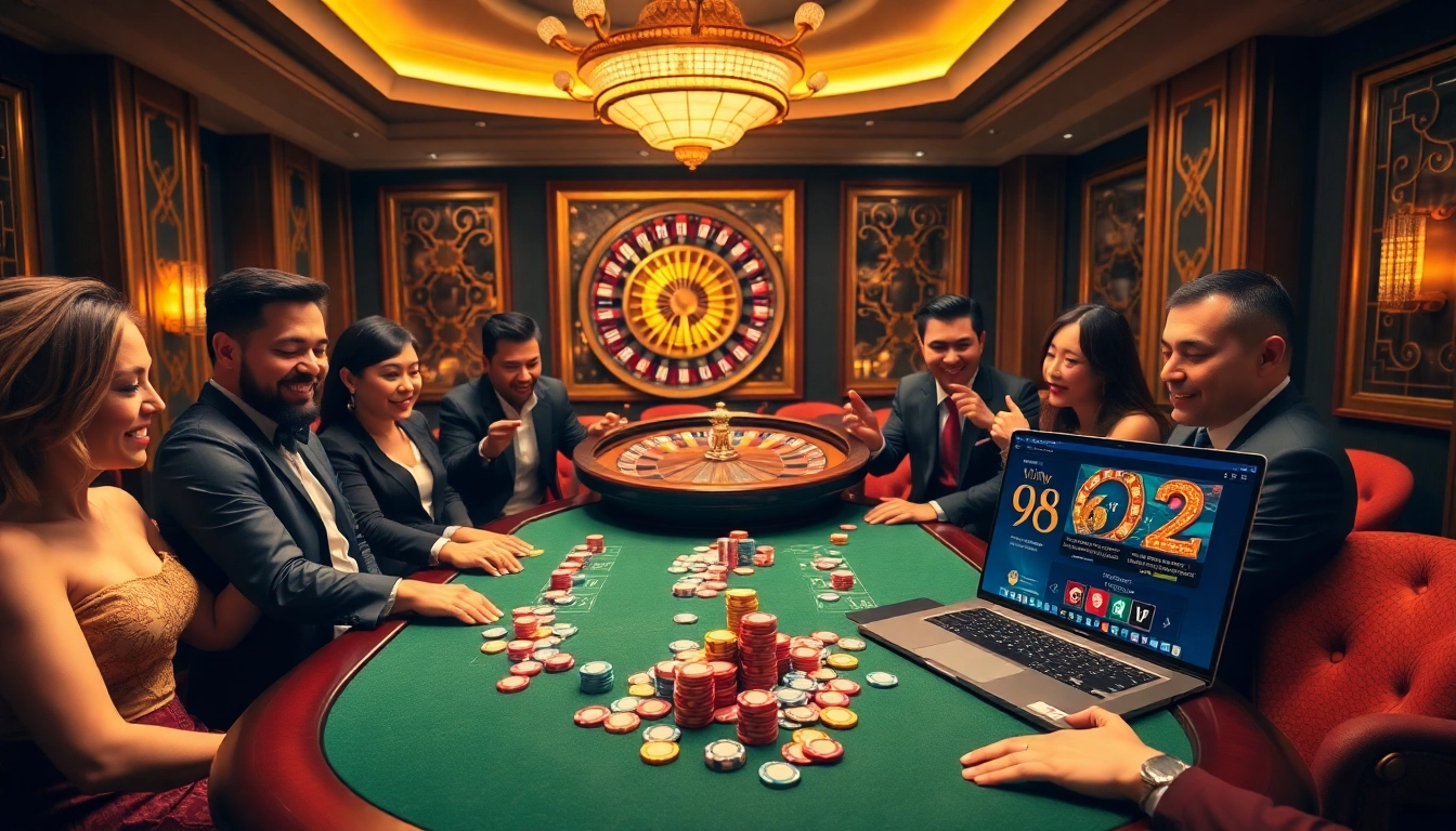 Players celebrating their wins at the vibrant 98 win casino scene with poker chips and roulette.