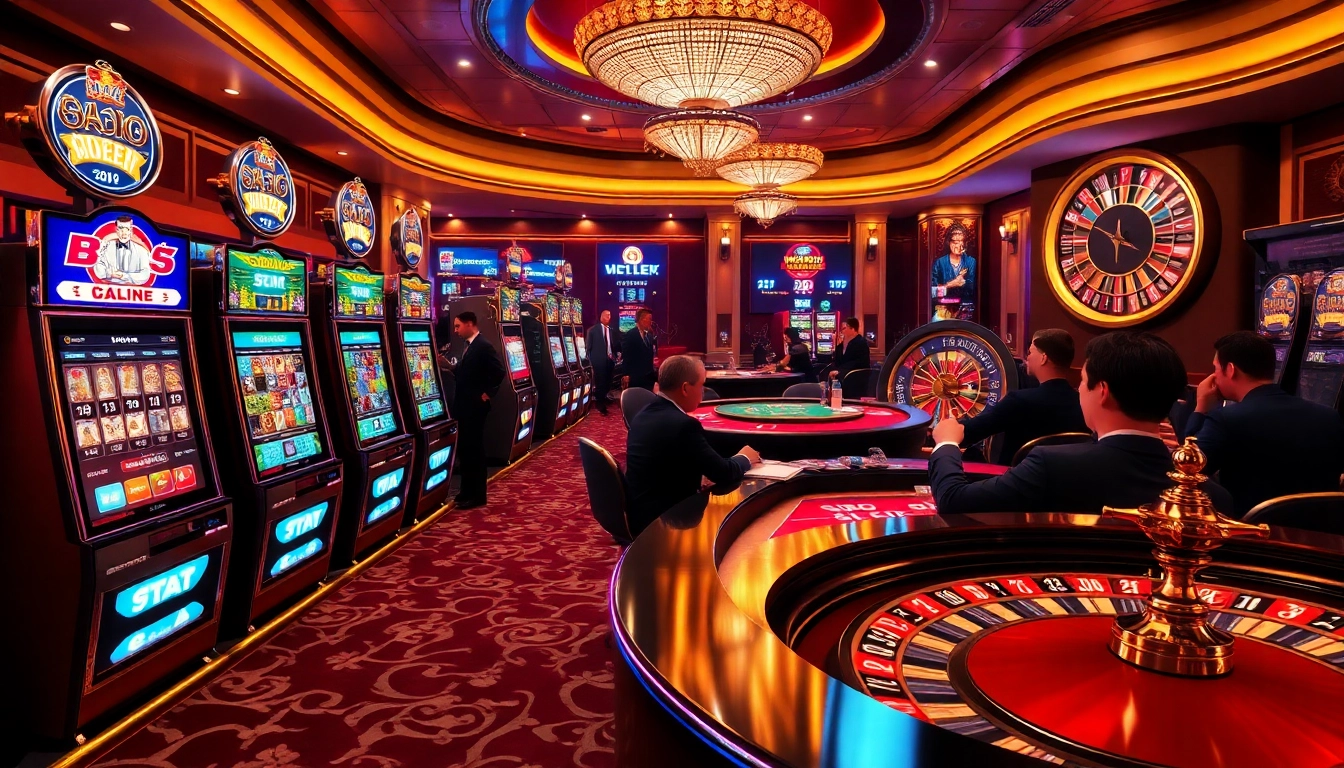 Experience the excitement of gambling with the 32win App on a luxurious casino floor filled with vibrant games.