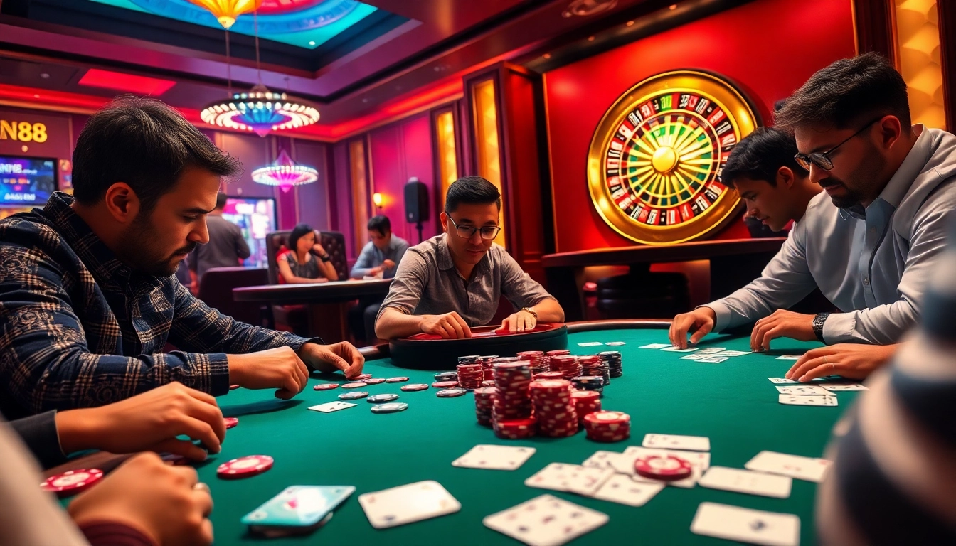 Exciting poker action at DN88 with players and colorful chips in a luxurious casino environment.