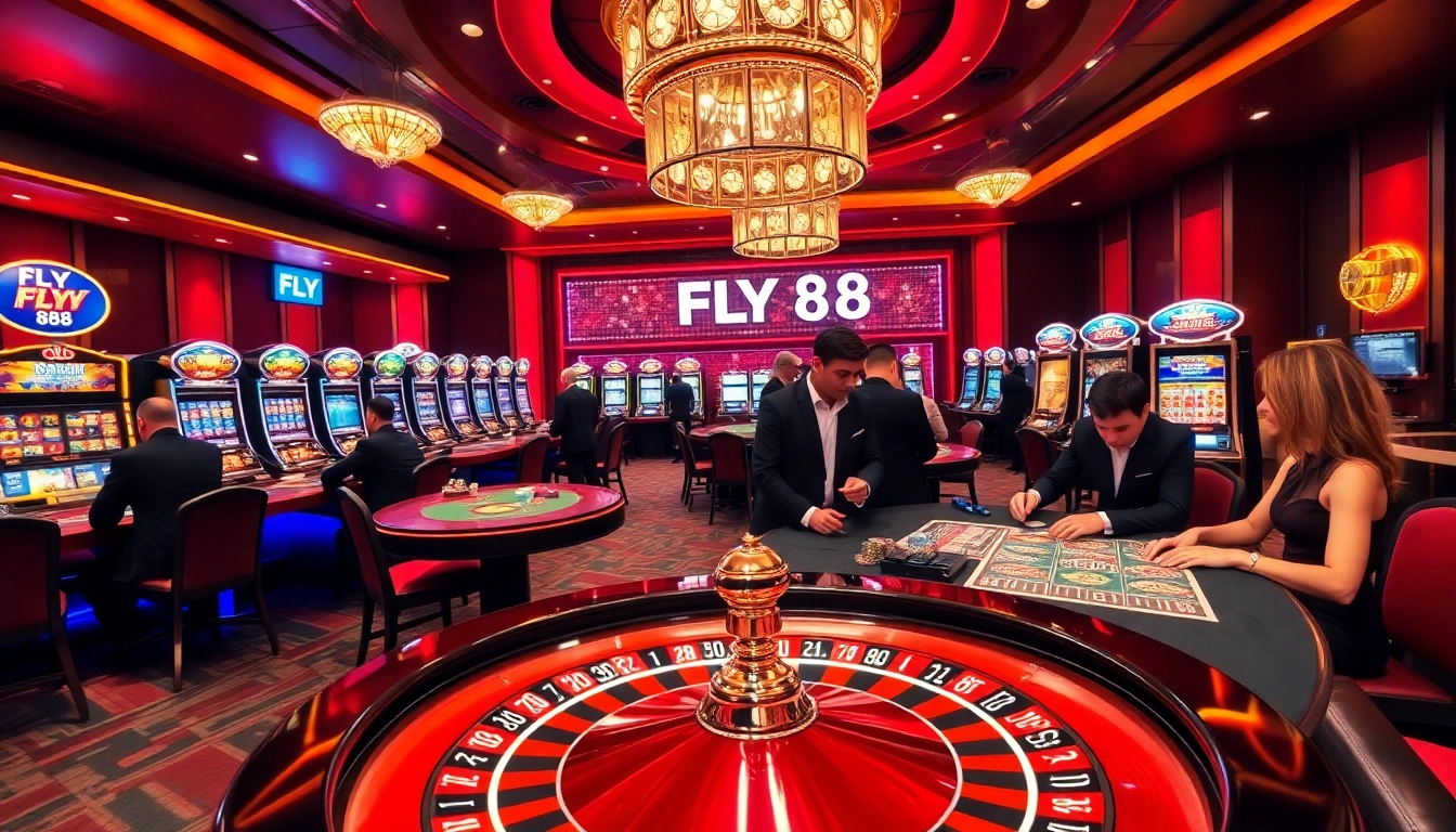 Exciting gaming atmosphere at FLY 88 with enthusiastic players at a poker table.