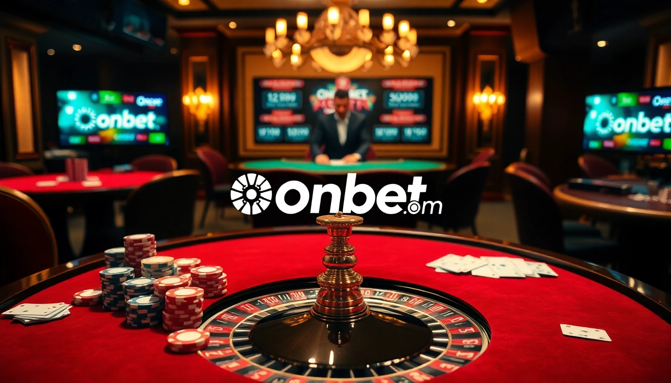 Experience the thrill of Onbet com with vibrant casino gaming, featuring poker chips and roulette.