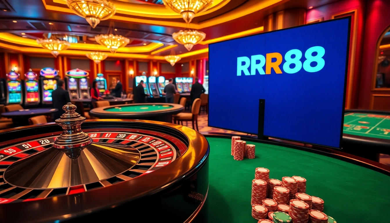 Experience the excitement at RR88 with players engaging in poker and roulette, set in a vibrant casino atmosphere.