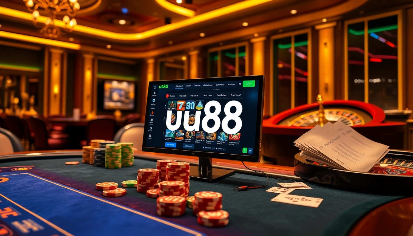 Experience exhilarating gameplay at uu88 with vibrant casino elements like tables and chips.