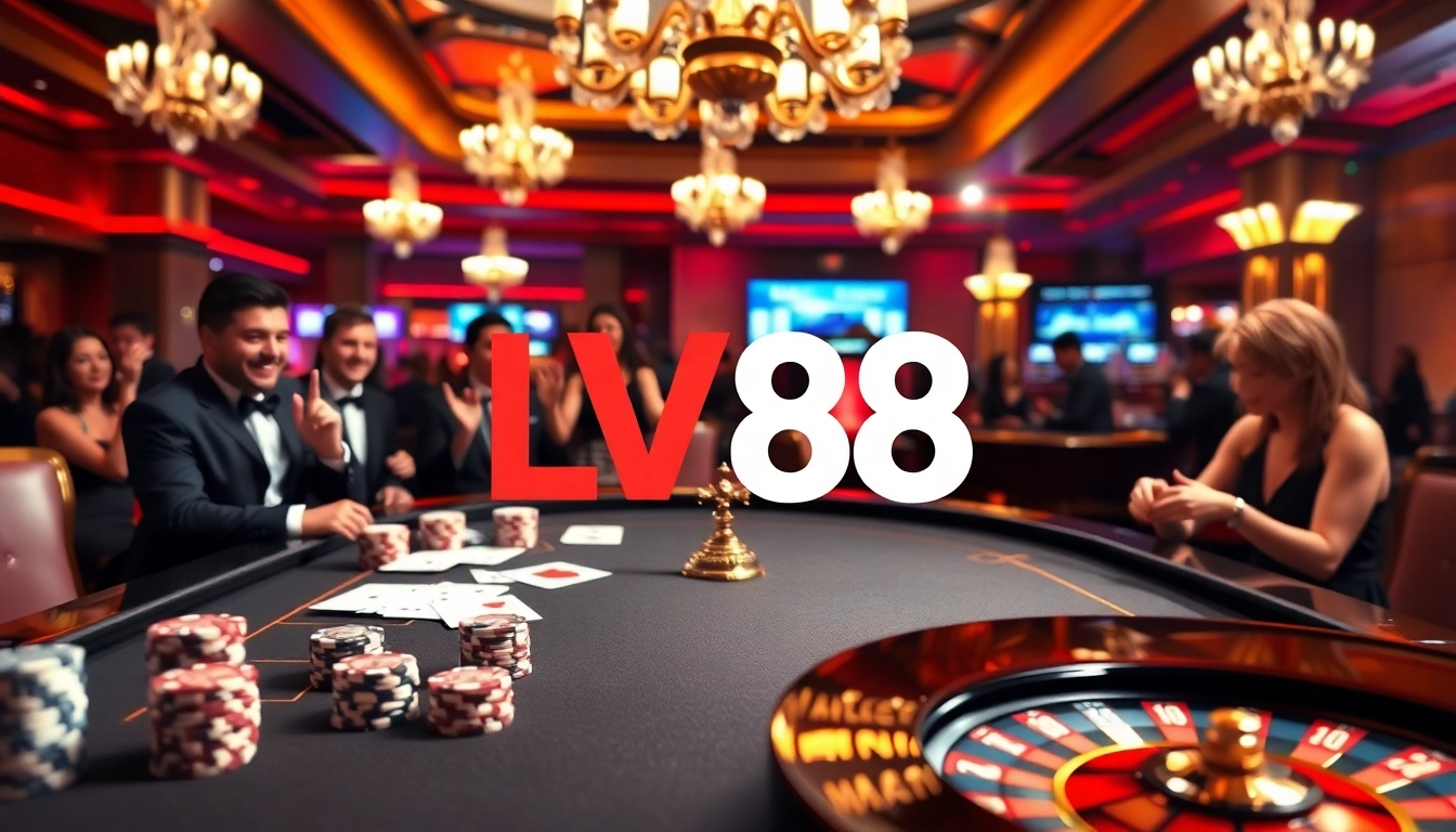 Exciting gambling action at LV88 casino with poker chips, cards, and roulette wheel.