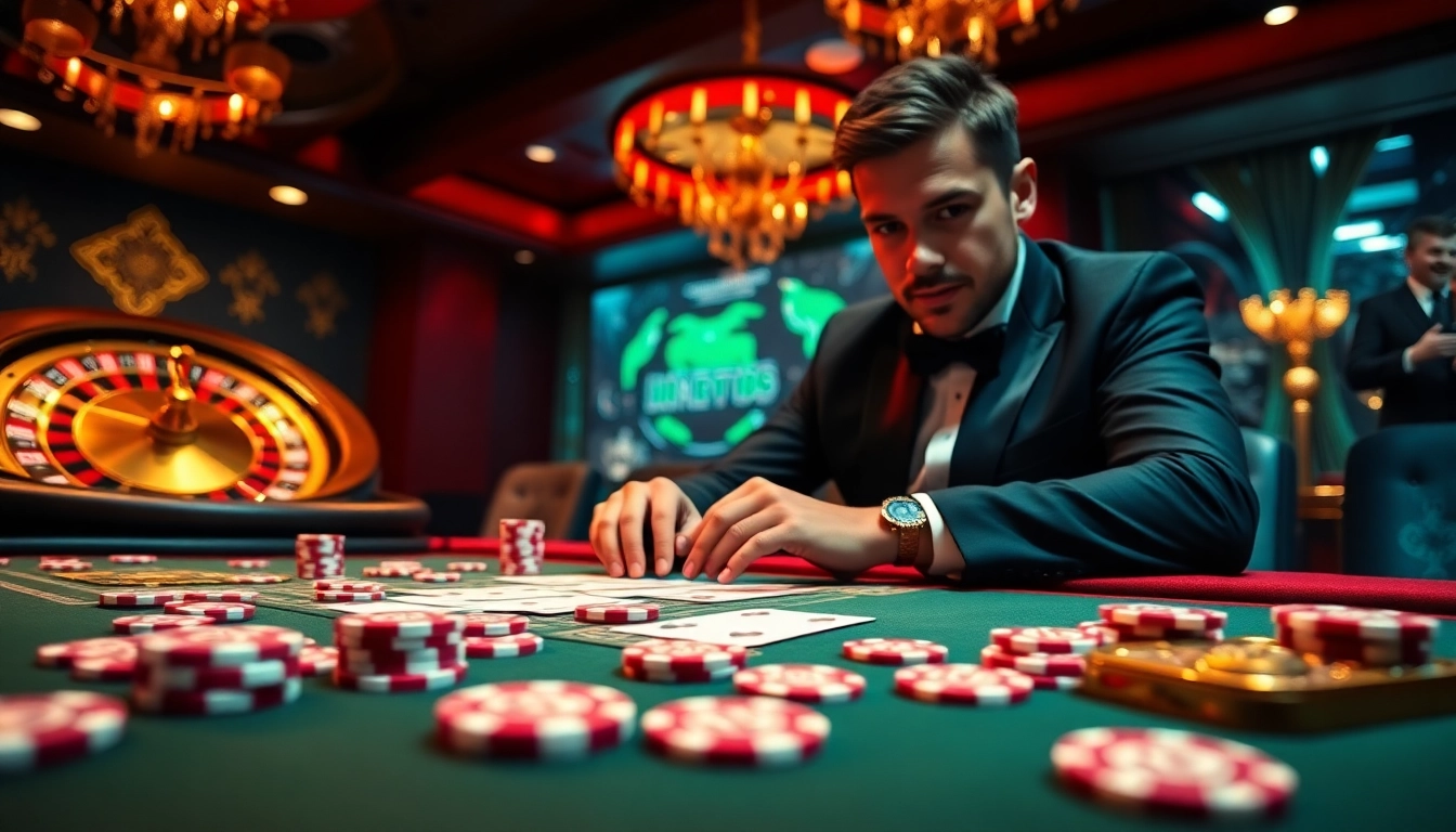 Engaging gameplay at https://lode88uk.com/ with poker chips and cards in a luxurious casino setting.