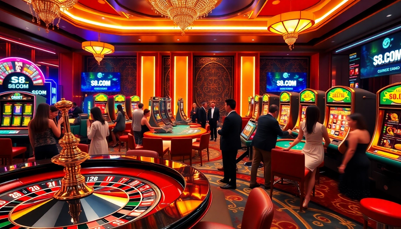 Experience thrilling gaming at S8.COM with vibrant casino tables and slot machines in action.