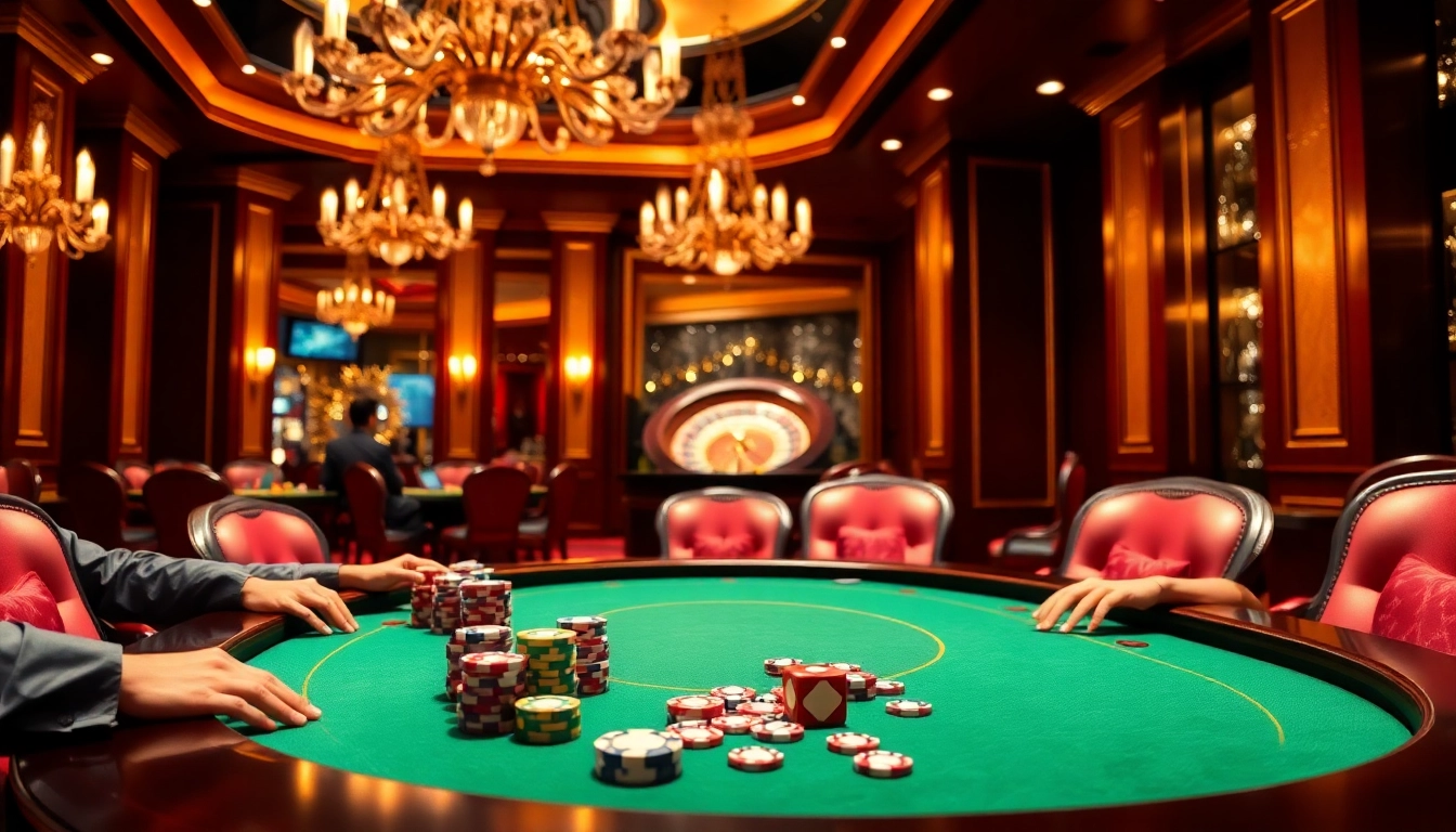 Players strategizing at a poker table featuring xx88 chips and vibrant casino atmosphere.