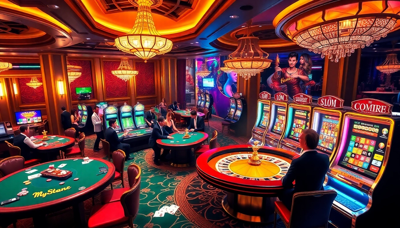 Players enjoying various games at https://xo88hi.com/, surrounded by vibrant casino elements and excitement.