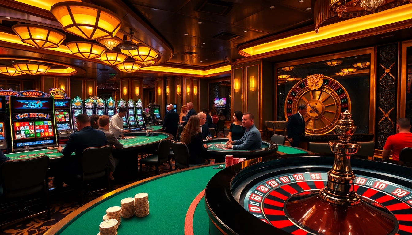 Players enjoying exciting games at Luck8 Casino with vibrant slot machines and poker tables.