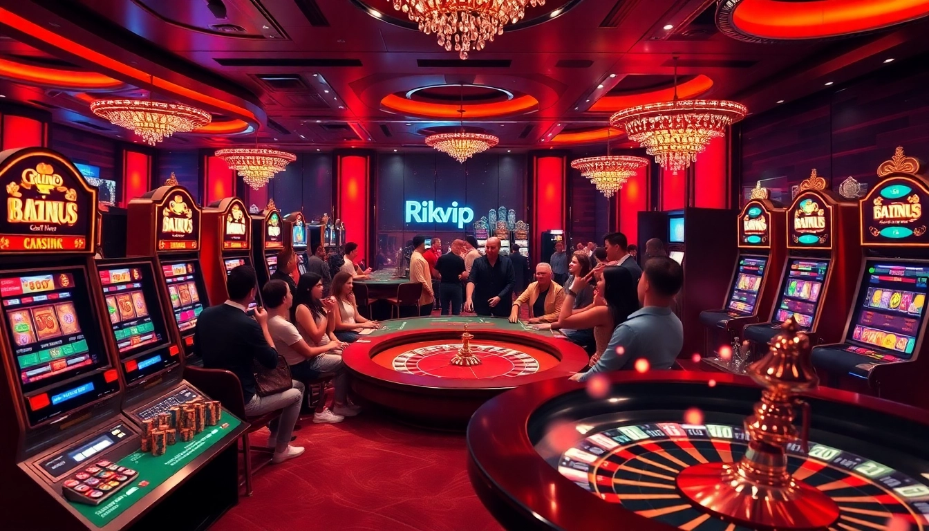 Players enjoying exhilarating games at Rikvip casino with vibrant slot machines and roulette.