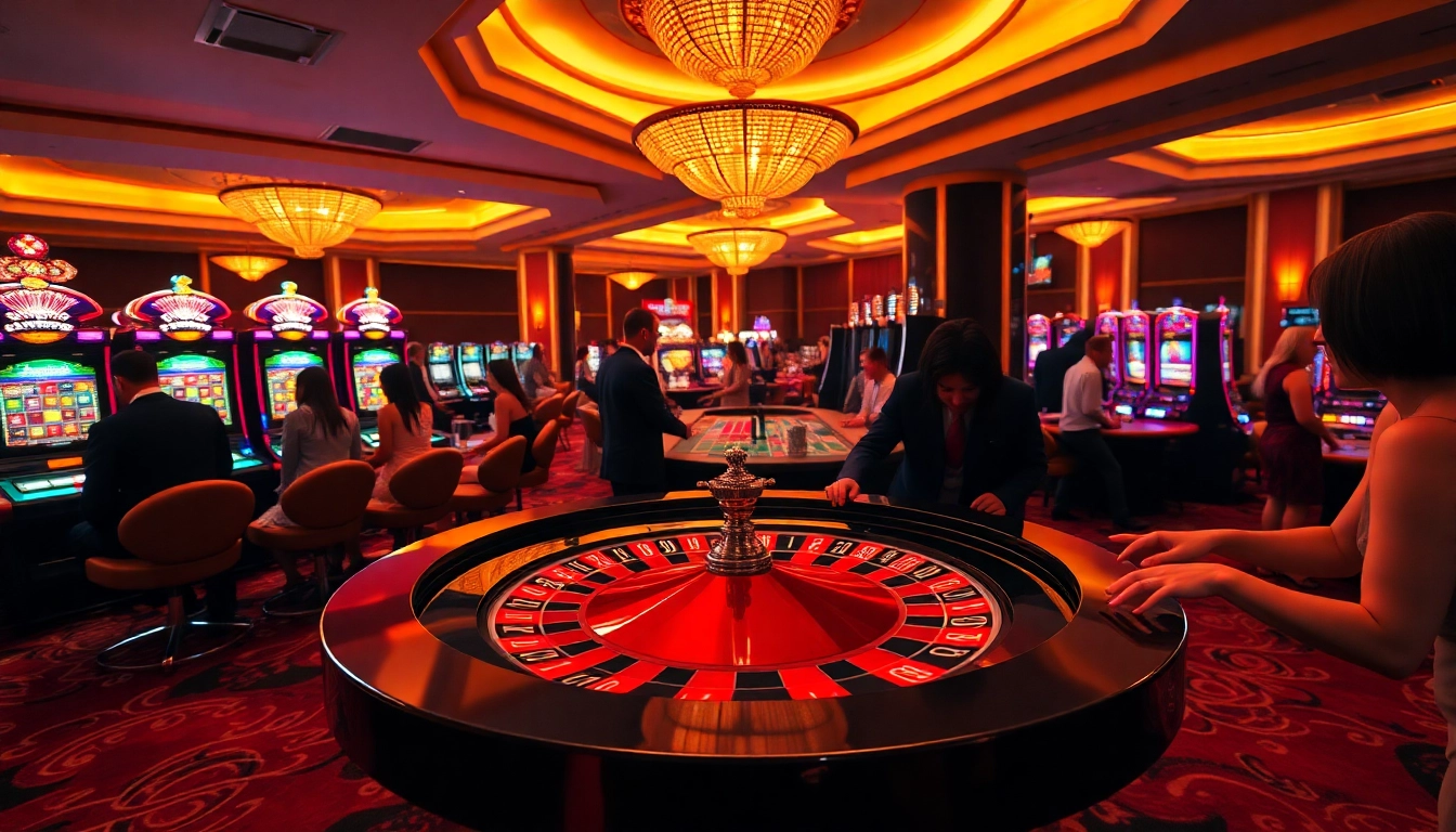 Experience the thrill of gaming at https://soibet.vision/ with a luxurious casino scene featuring roulette and elegant players.