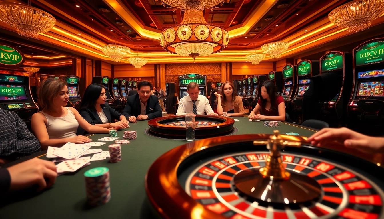 Experience stunning gameplay at RIKVIP with a luxurious casino table full of poker chips and cards.