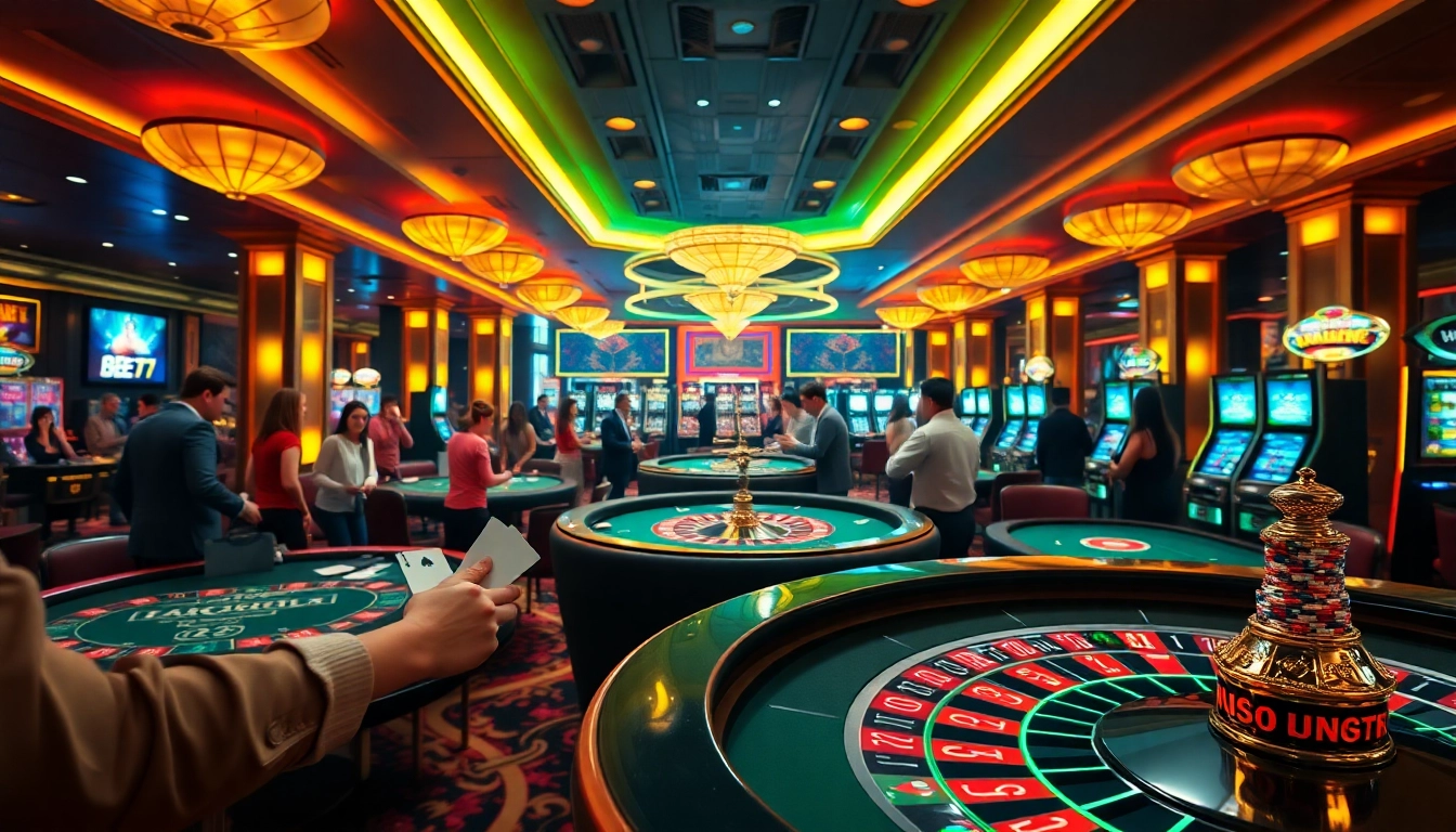 Thabet77org players enjoying an exciting casino scene with vibrant gaming tables and roulette.