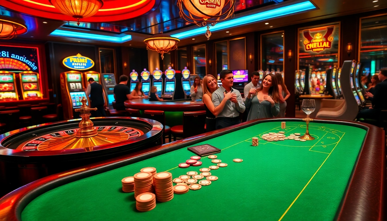 Excited players enjoy the 88i game in a luxurious casino atmosphere filled with vibrant slot machines and poker tables.