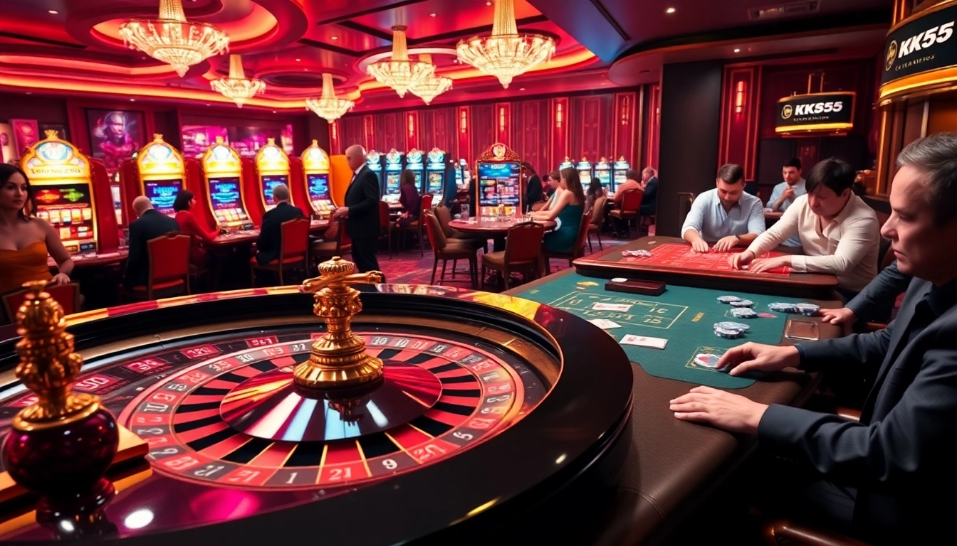 Experience the thrill of gambling at KK55 casino with vibrant dealers, rich poker tables, and colorful chips.