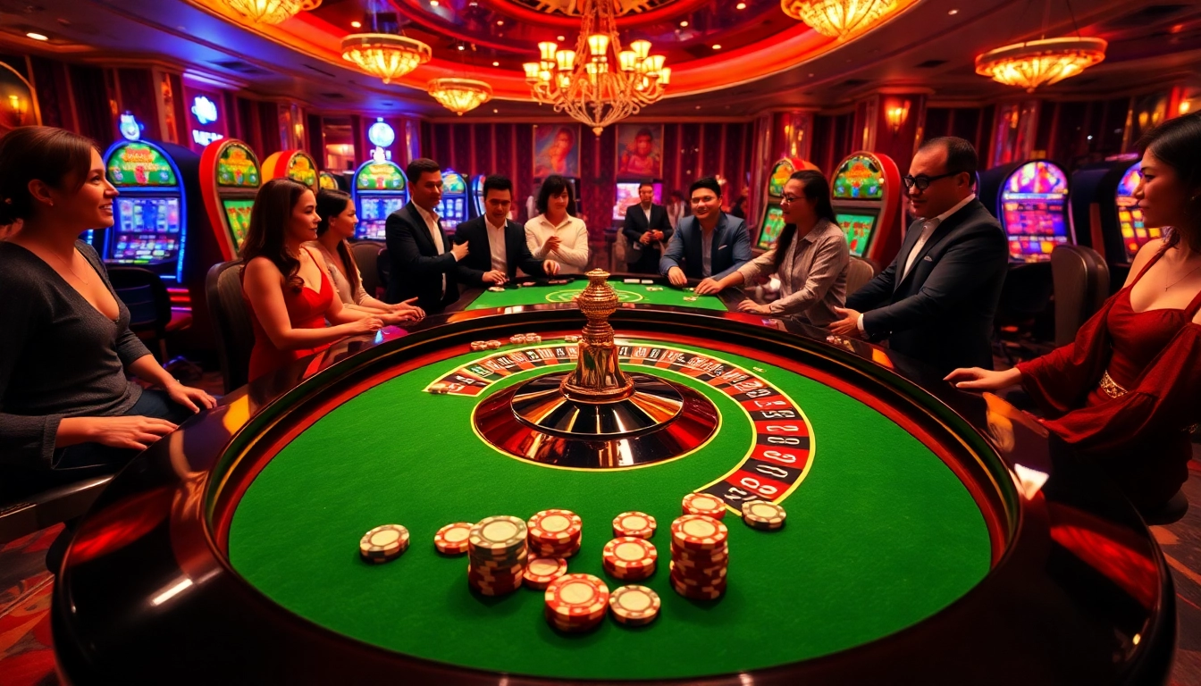Witness RR88 players celebrating a big win at a vibrant casino with roulette and poker.
