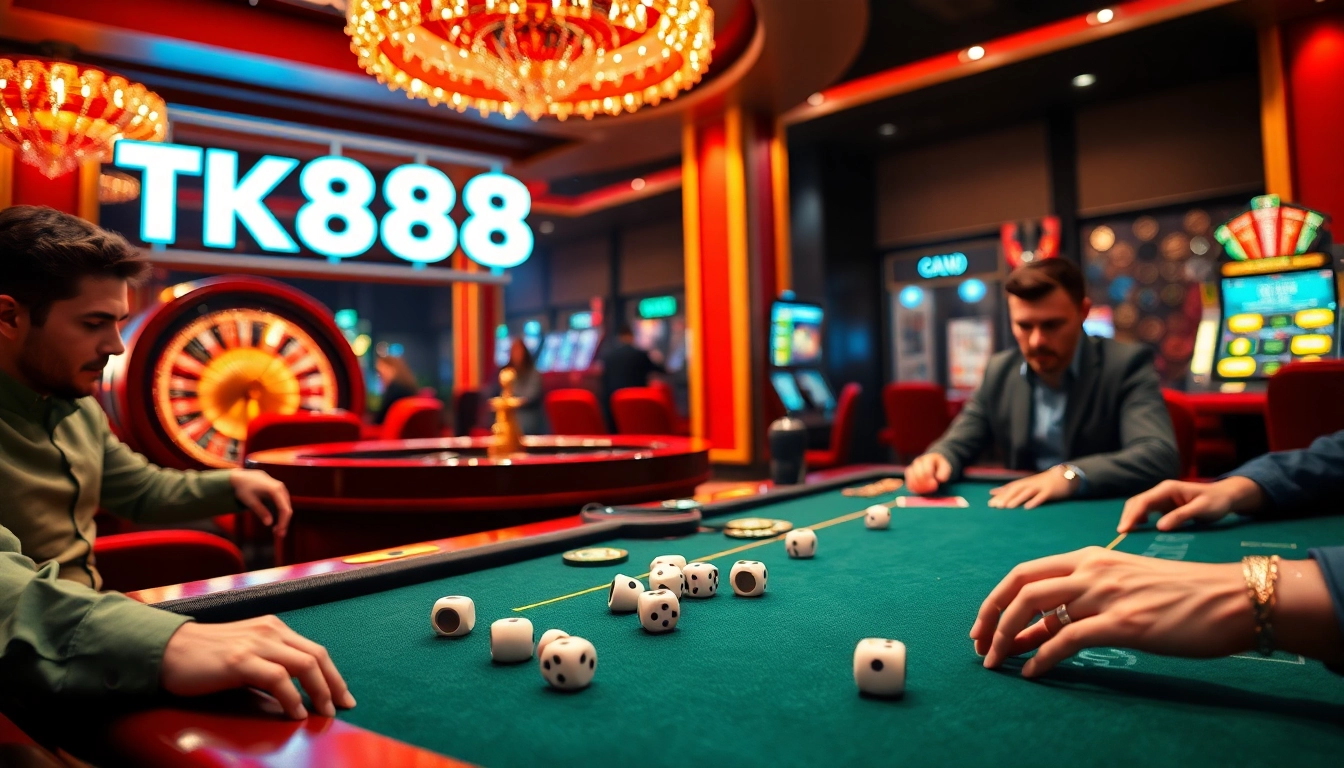 TK88 casino scene featuring poker players and a roulette wheel ambiance.