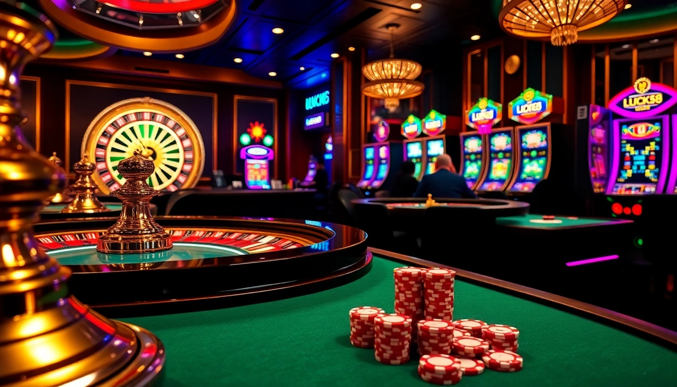 Người chơi ăn mừng những chiến thắng lớn tại casino LUCK8, với các đồng chip nhiều màu và máy slot sống động.
