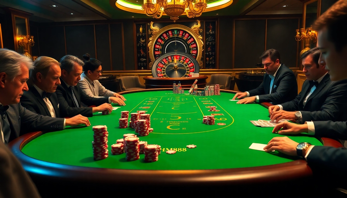 Experience excitement at the HM88 poker table with vibrant chips and serene lighting in a luxurious casino setting.
