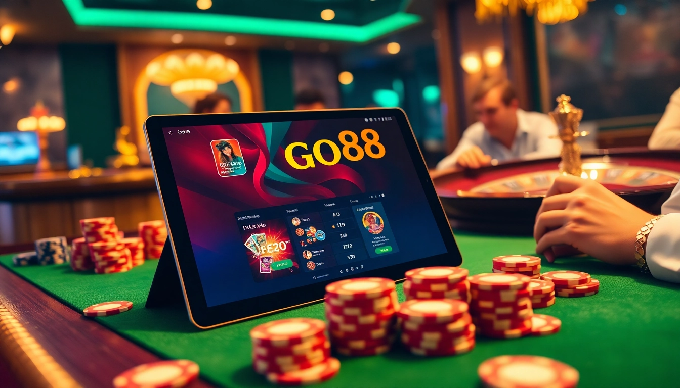 Exciting go88 gaming interface displayed on a tablet amidst poker chips and a roulette wheel in a luxurious casino setting.
