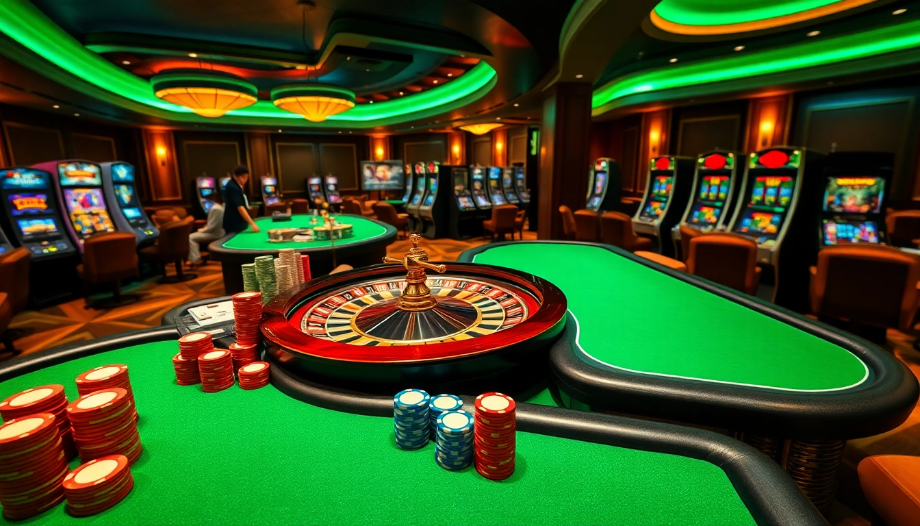 Experience the thrill of '789F' casino gaming with vibrant tables and spinning roulette wheels.