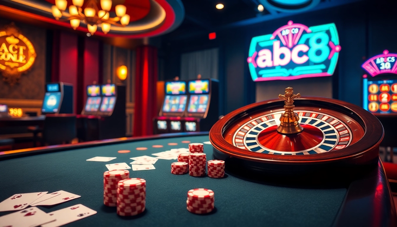 Experience high-stakes gaming at abc8 with vibrant casino tables and stunning roulette wheels.