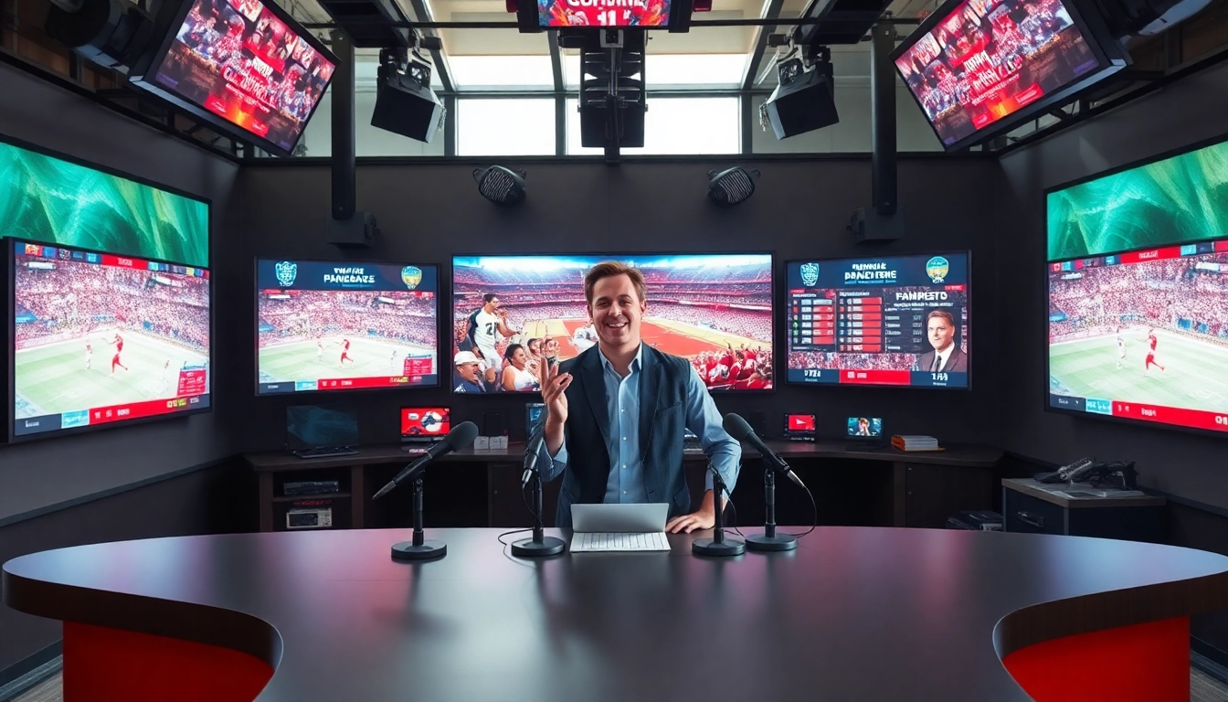 Engaging sports broadcasting scene featuring a lively analyst in front of screens displaying game footages.