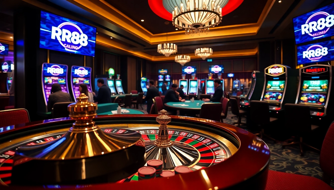 Experience RR88 excitement at a luxurious casino with roulette, chips, and vibrant slot machines.