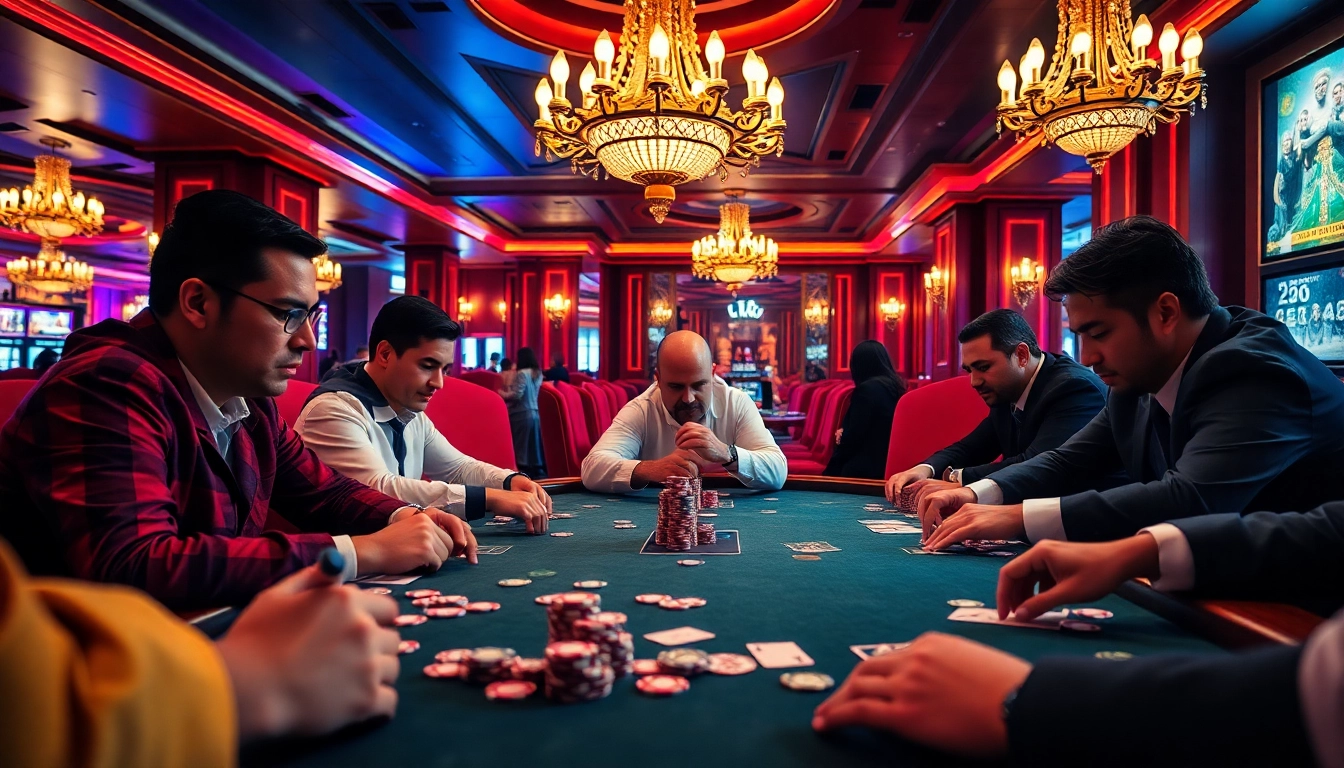 Intense poker action at 11BET, showcasing players with chips and cards in an opulent casino.