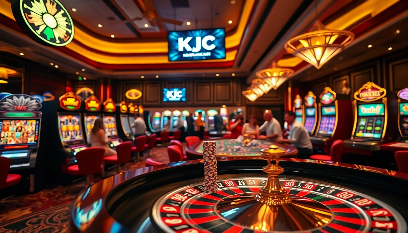Exciting casino scene showcasing gambling at công ty kjc with roulette, chips, and slot machines.