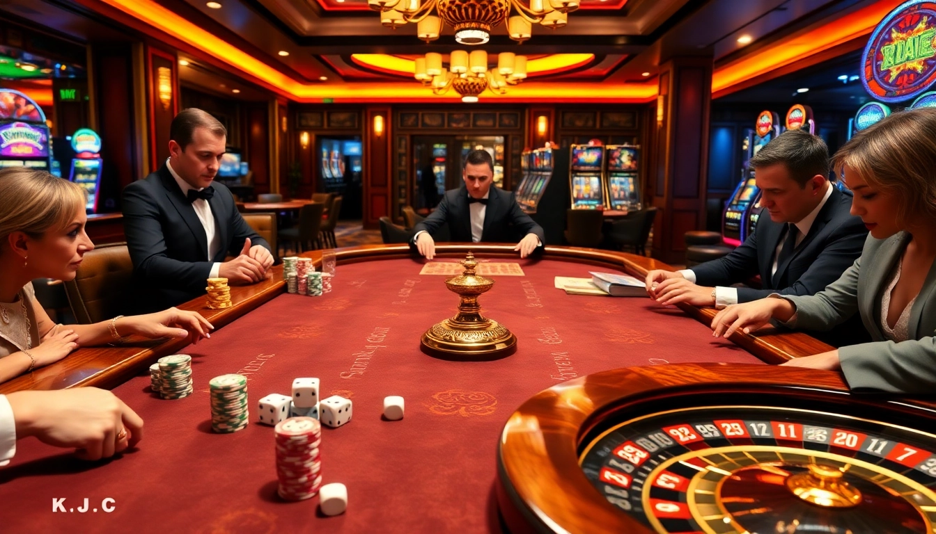 KJC poker players engaged in high-stakes gaming at a luxurious casino table.