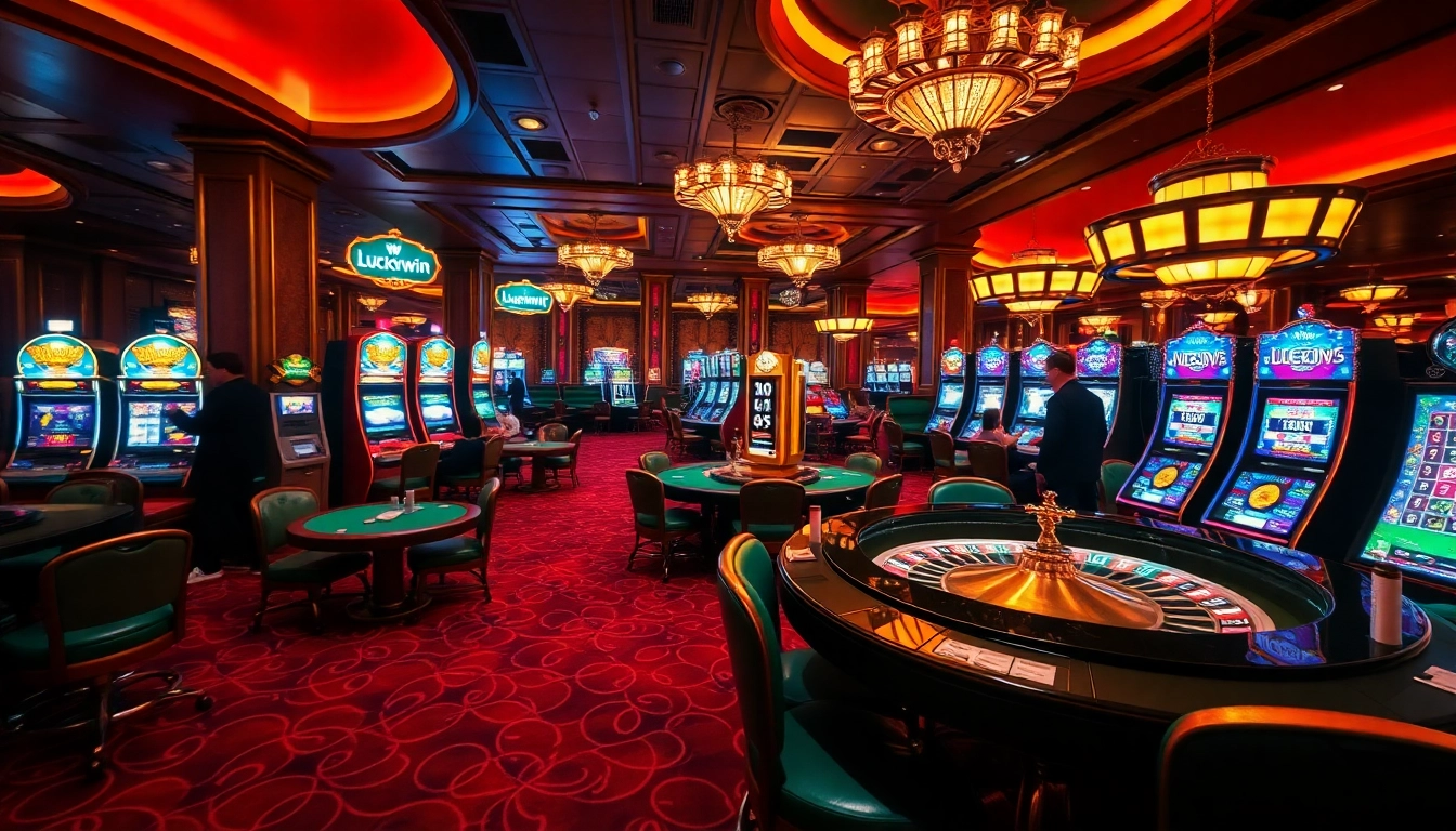Experience Luckywin's vibrant casino interior with engaging slot machines and poker tables.